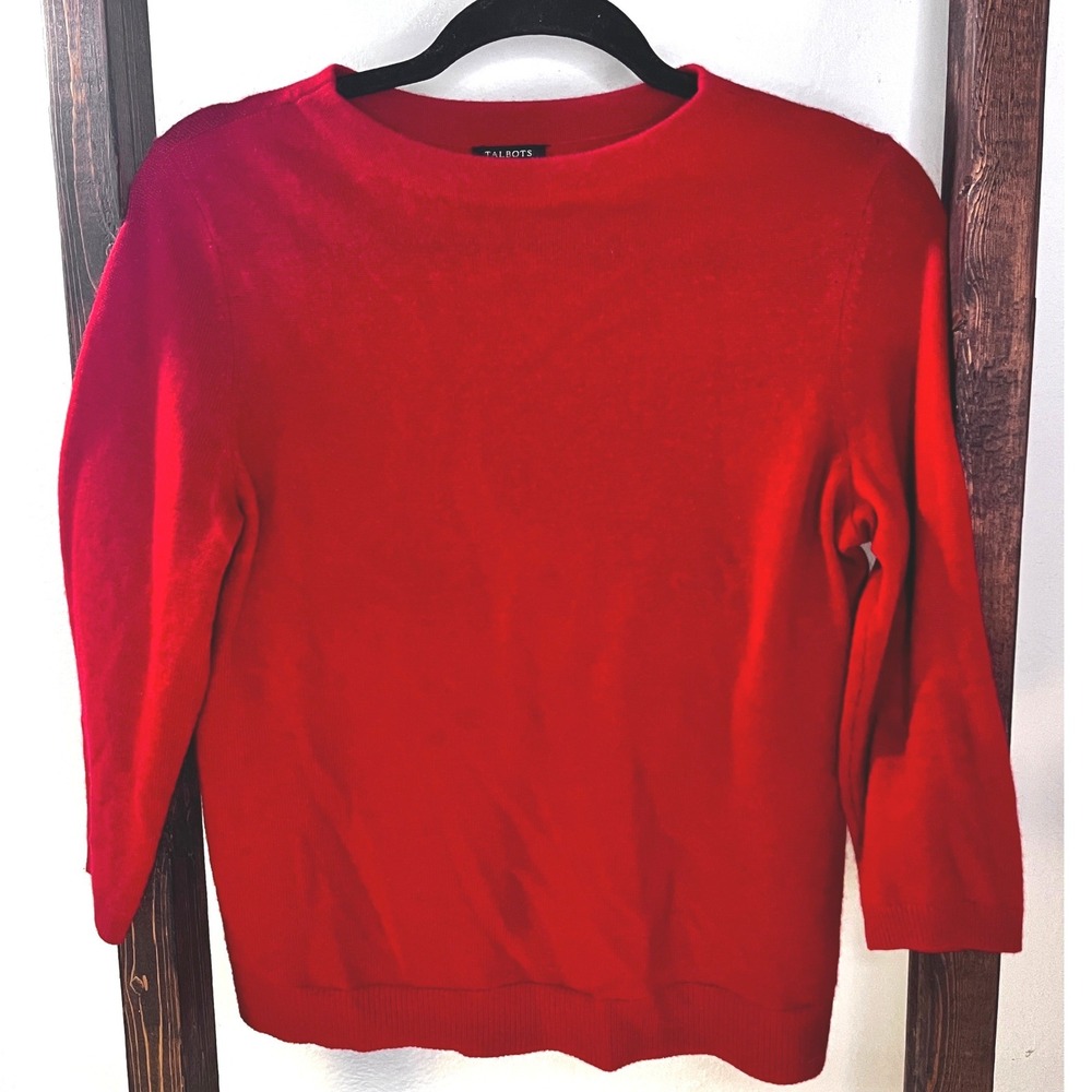 Talbots Petites Red 100% Pure Cashmere Crewneck Sweater 3/4 Sleeve Size MP Lux
